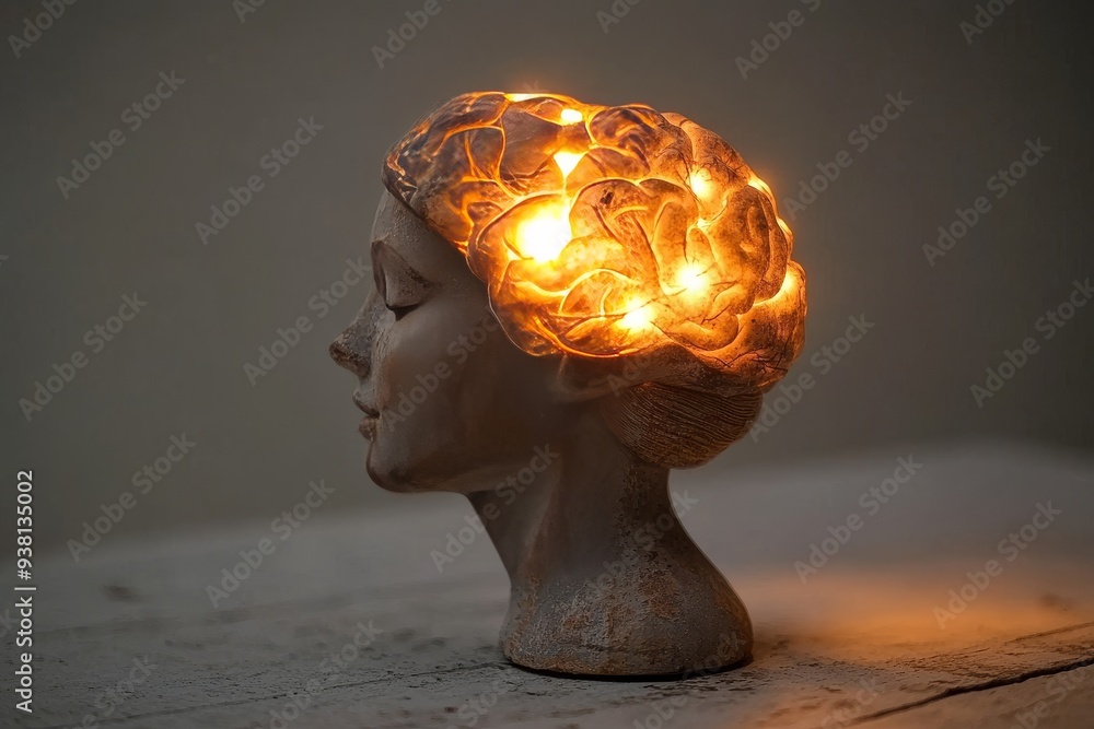 Poster sculpture of a head with glowing neural network representing the intersection of art technology and 