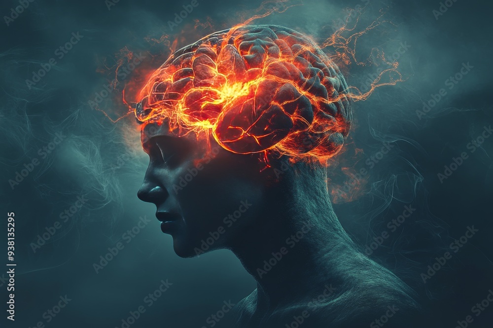 Poster profile of a man with a fiery brain visualization representing the intensity of thought passion and 