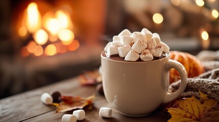 A mug of hot chocolate topped with marshmallows, set against a cozy fireplace background with autumn decorations scattered around, creating a warm and inviting atmosphere.