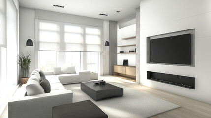 spacious modern living room with large windows and minimalist decor