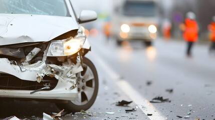 car big damaged and broken by accident on road parking can not drive any more. With copy space for text or design