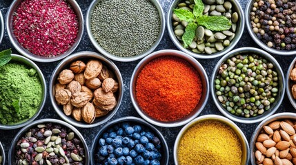 Assortment of Spices, Seeds, and Nuts in Bowls