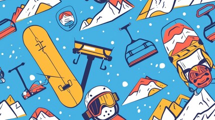Seamless Pattern of Snowboarding and Winter Sports Icons. Snowboard, Mountains, and Ski Lift for Winter Wonderland Design