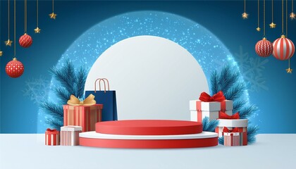 Christmas and New Year Sale. stage podium, round studio. Gift boxes, shopping bags. present box surprise. Xmas blue background.