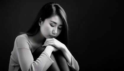 Naklejka premium Asia woman Hugging her Knees with Eyes Closed,black and white