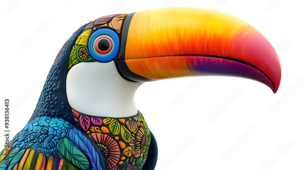 Poster 46. **a 3d render of a ceramic tile art featuring a detailed toucan with colorful beak patterns and 