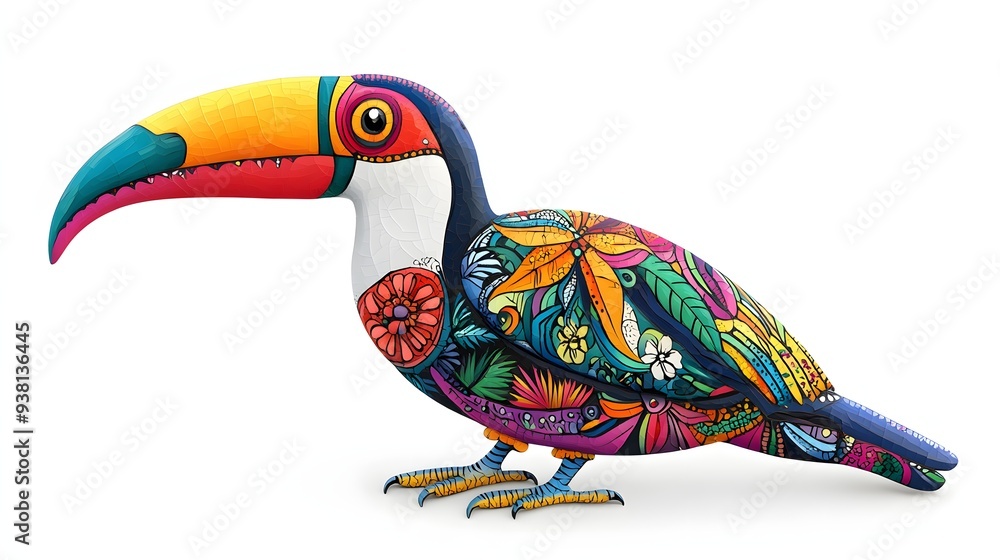 Poster 46. **a 3d render of a ceramic tile art featuring a detailed toucan with colorful beak patterns and 
