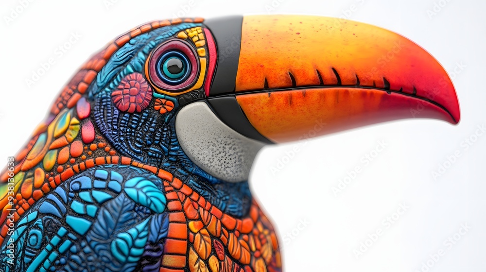 Poster 46. **a 3d render of a ceramic tile art featuring a detailed toucan with colorful beak patterns and 