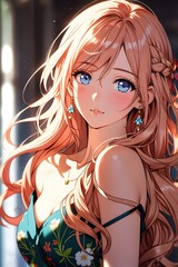 Anime Woman with Long Wavy Rose Gold Hair, Bright Blue Eyes, and Fair Skin, in a Flowing Off-Shoulder Dress