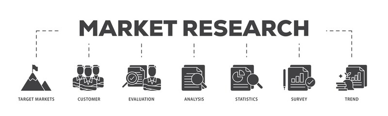 Market research icon infographic illustration concept with icon of target markets, customer, evaluation, analysis, statistics, survey and trend icon png and easy to edit 