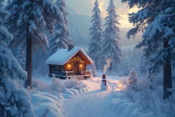 A snowy winter wonderland with a wooden chalet and a snowman - AI generated