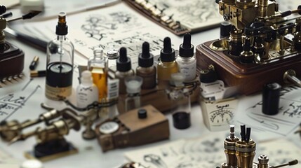 Artisan Perfume Creation. Bottles, Ingredients, and Tools Arranged on a Workshop Table