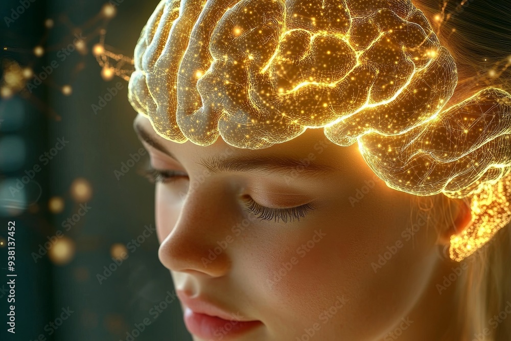 Poster woman with a glowing brain representing cognitive power neural activity and the serenity of thought 