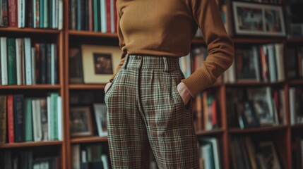 Stylish person wearing a brown sweater and checkered pants standing in front of a bookshelf in a cozy room.