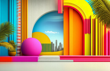 Colorful Geometric Architecture with Cityscape Background
