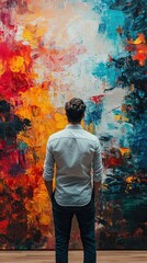 Obraz premium A businessman in a white shirt stands in front of a large, vibrant abstract painting in a gallery, deeply observing the textured artwork.
