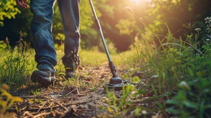 Man hiking on forest trail while plogging and collecting trash with grabber tool. Concept of environmentalism, sustainability, and responsible outdoor recreation.