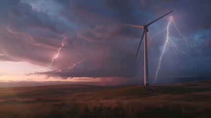 Wind turbines in the background of a stormy sky with lightning 