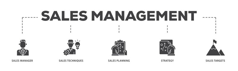 Sales management icon infographic illustration concept with icon of manager, sales techniques, planning, strategy, and targets icon png and easy to edit 