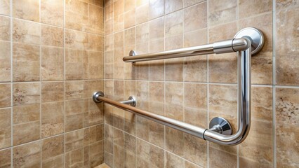 A sturdy grab bar mounted on a sleek, modern walk-in shower wall provides secure support and balance for senior citizens navigating bath time with confidence.