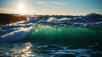 Fototapeta premium Fluid waves of cool blues and greens flowing across the canvas