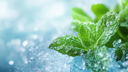 fresh mint leaves on crushed ice, refreshing botanical photography