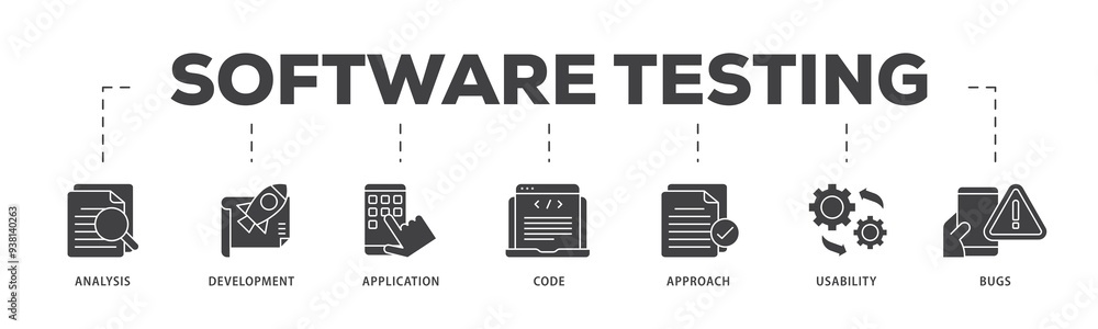 Poster software testing icon infographic illustration concept with icon of bugs, code, usability, approach,
