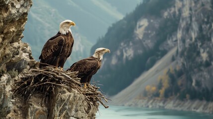 Pair of eagles nesting on a cliff.