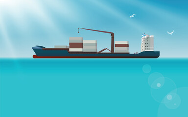 Obraz premium Illustration of a cargo ship with containers sailing on the sea. Vector