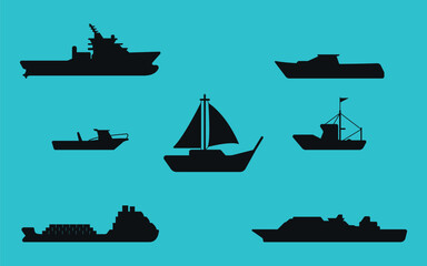 A set of black silhouettes of ships. Vector on blue background