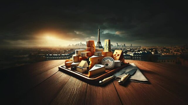 Indulge in a gourmet French cheese platter featuring a selection of iconic cheeses, set against the stunning backdrop of the Paris skyline and the Eiffel Tower. A celebration of French culinary art