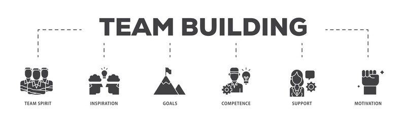 Team building icon infographic illustration concept with icon of team spirit, inspiration, goals, competence, support, and motivation icon png and easy to edit 