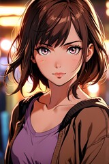 Anime Woman with Tousled Brown Hair and Violet Eyes