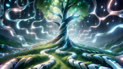 Naklejka premium Futuristic Circuit Board Forest: A Glowing Technological Wonderland with Energy Streams and High-Tech Pathways, Blending Nature and Innovation in a Generative AI Landscape