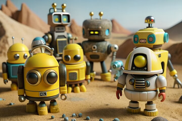Fototapeta premium Clay modeling style, Plasticine robot, desert scene