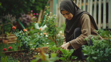 Woman Gardening in Hijab