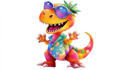 Fototapeta premium A colorful dinosaur wearing sunglasses and a Hawaiian shirt