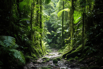 Fototapeta premium Lush Green Rainforest Path with Stream