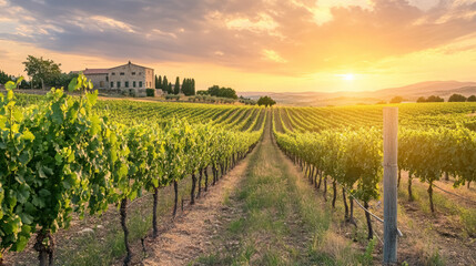  tranquil vineyard at dusk, serene wine-making scenery