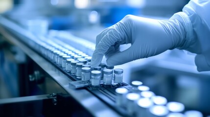 Scientist's hand sorting vials on conveyor belt in laboratory, showcasing advanced production of pharmaceutical products.