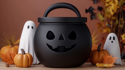 A spooky Halloween scene featuring a black cauldron, ghost figures, and miniature pumpkins surrounded by autumn leaves.