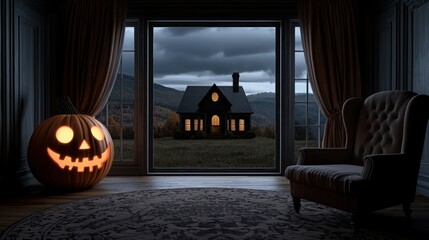 A spooky Halloween scene featuring a glowing pumpkin and a dark house under a moody sky, perfect for seasonal decor.