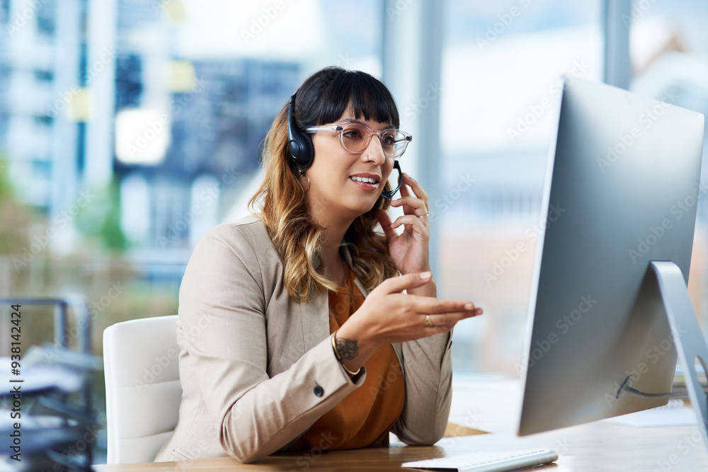 Poster business woman, computer and web consultation talk with customer support and headphones at call cent