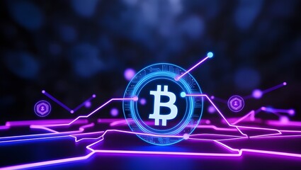 Blockchain data stream - A softly blurred, deep black and navy background with scattered glowing bokeh dots. Bright neon lines and nodes representing blockchain data flow through the image, glowing 