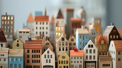 Fototapeta premium Close-up of wooden toy model home and houses