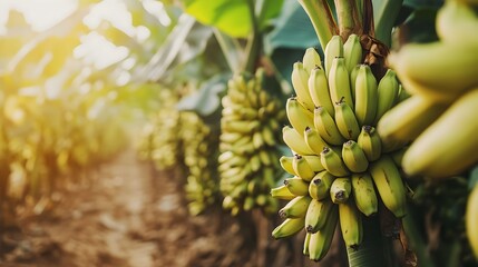 Lush and verdant tropical banana plantation with large clusters of ripe hanging bananas against a backdrop of lush foliage and greenery  A bountiful and fruitful agricultural scene