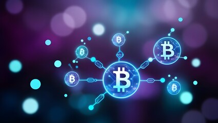 Abstract blockchain technology - A blurred, dark purple background with soft, glowing bokeh dots in varying sizes. In the foreground, holographic blockchain symbols and connections float, emitting