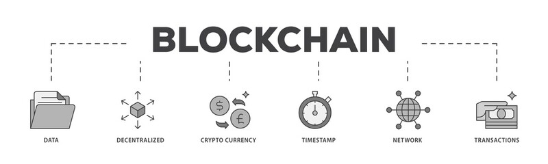 Blockchain icon infographic illustration concept with icon of data, decentralized, crypto currency, timestamp, network and transactions icon png and easy to edit 