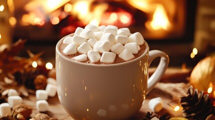 A mug of hot chocolate topped with marshmallows, set against a cozy fireplace background with autumn decorations scattered around, creating a warm and inviting atmosphere.