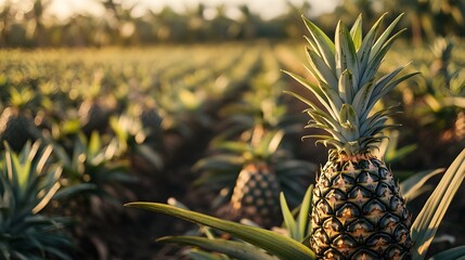 Obraz premium Verdant Pineapple Plantation with Rows of Tropical Fruit Growing in Sunny Agricultural Fields Lush foliage and flourishing pineapple plants in a bountiful harvest landscape